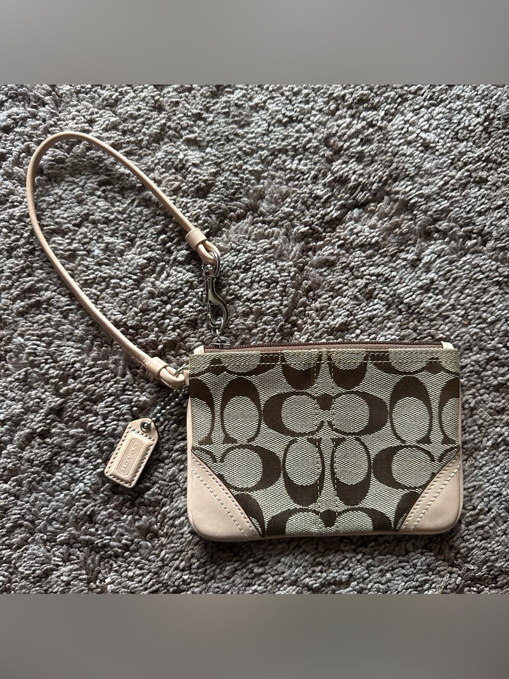 Vintage Coach Signature Monogram Canvas Wristlet with Tan Leather Trim